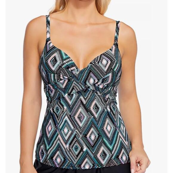 Island Escape DIAMOND HEAD Black Teal Purple Underwire Tankini Swim Top 14 NWT - Picture 1 of 4